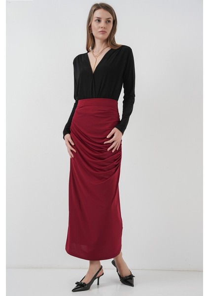 8035 Büzgülü Midi Etek - Bordo modelleri