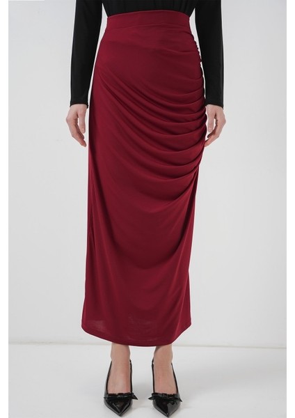 8035 Büzgülü Midi Etek - Bordo fırsatları