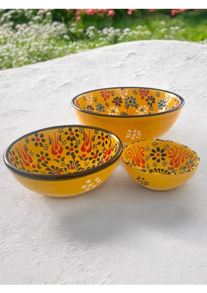 Dekoratif 3 Adet Sarı Lale Çini Tasarımlı Tamamen El Yapımı Çerezlik-Sosluk-Kahvaltılık