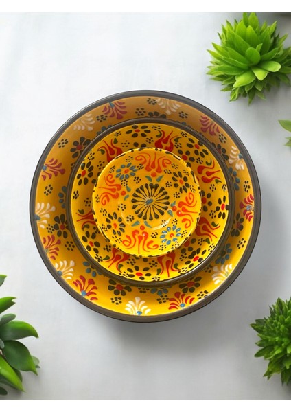 Dekoratif 3 Adet Sarı Lale Çini Tasarımlı Tamamen El Yapımı Çerezlik-Sosluk-Kahvaltılık modelleri