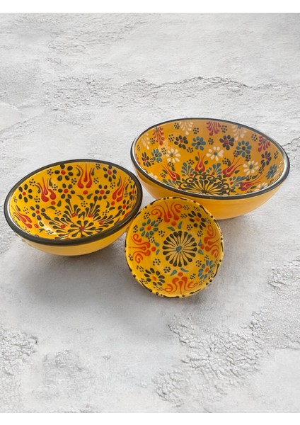 Dekoratif 3 Adet Sarı Lale Çini Tasarımlı Tamamen El Yapımı Çerezlik-Sosluk-Kahvaltılık indirimleri
