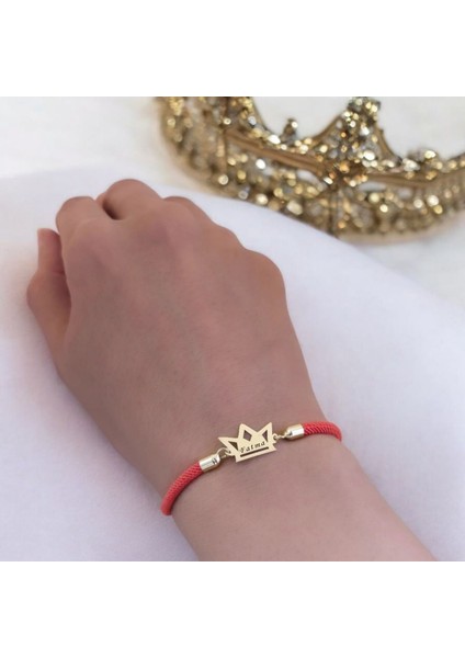 Fatma İsmine Özel Turuncu İpek Örgülü Taç Motifli 14 Ayar Altın Plakalı Hediye Bileklik-501 İsim