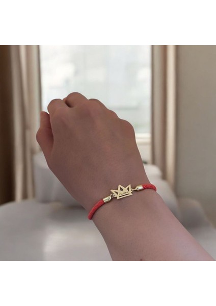 Fatma İsmine Özel Turuncu İpek Örgülü Taç Motifli 14 Ayar Altın Plakalı Hediye Bileklik-501 İsim fırsatları