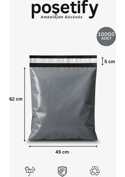 Gri Cepsiz Kargo Poşeti 45X62+5 cm | Yapışkan Bantlı Kargo Zarfı | 10000’LI E-Ticaret Poşeti