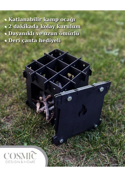 Katlanabilir Kamp Ocağı Deri Çanta Hediyeli Isveç Kütük Ocağı Metal Ocak Ateş Kutusu