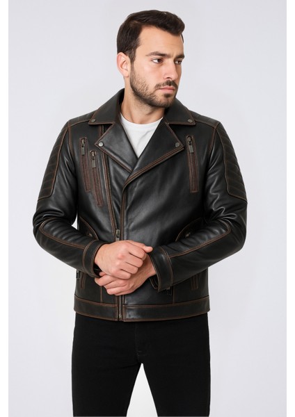 Lucas Hakiki Deri Vintage Eskitme Erkek Motorcu Tarzı Mont