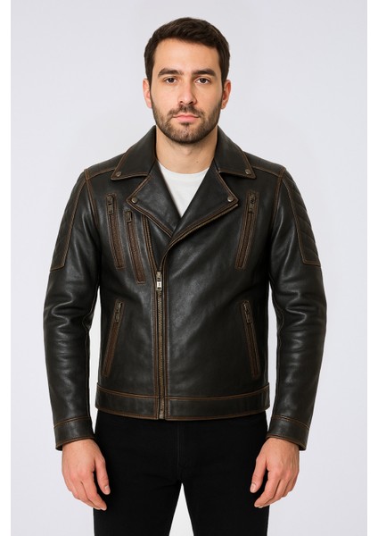 Lucas Hakiki Deri Vintage Eskitme Erkek Motorcu Tarzı Mont