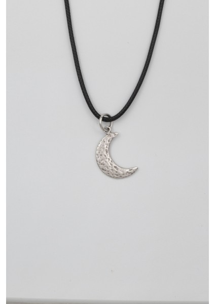 Ay Siyah Deri Ip Kolye - Antik Gümüş Kaplama - Kadın Erkek - 60 cm