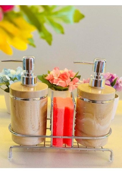 Stantlı 2'li Sıvı Sabunluk Seti Süngerlikli - Gümüş Renk Detaylı