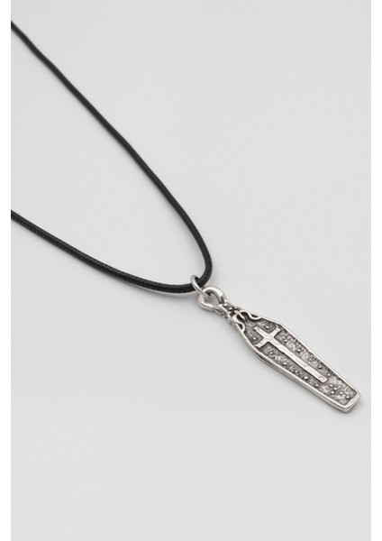 Gotik Haçlı Tabut Siyah Deri Ip Kolye - Antik Gümüş Kaplama - Kadın Erkek - 60 cm fiyatları