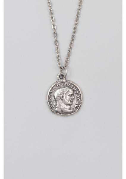 Antik Roma Dönemi Sikke Düz Ezme Zincir Kolye - Antik Gümüş Kaplama - Kadın Erkek - 60 cm