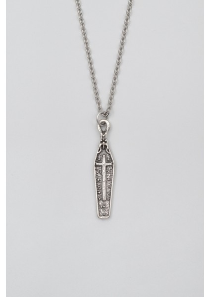 Gotik Haçlı Tabut Düz Ezme Zincir Kolye - Antik Gümüş Kaplama - Kadın Erkek - 60 cm