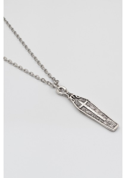 Gotik Haçlı Tabut Düz Ezme Zincir Kolye - Antik Gümüş Kaplama - Kadın Erkek - 60 cm fiyatları