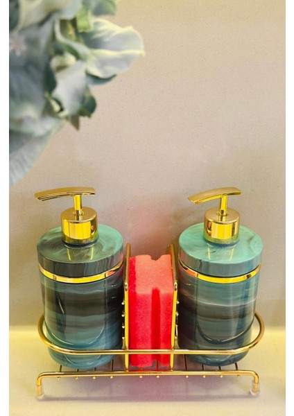 2'li Sıvı Sabunluk Seti Altın Renk Detaylı, Süngerlikli ve Stantlı modelleri