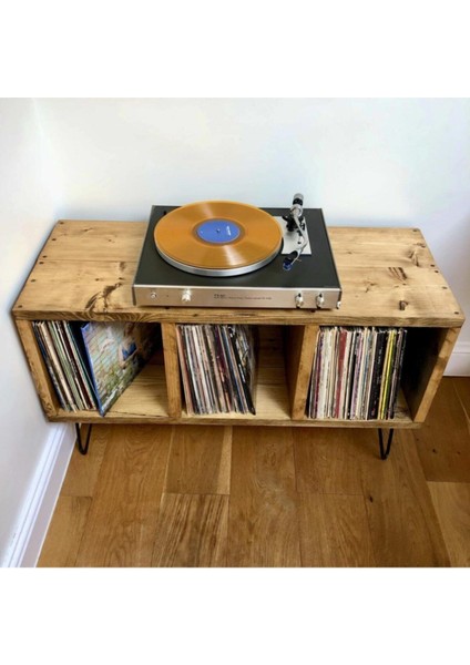 Ahşap Plak Çalar Standı, Endüstriyel Tasarım, 37X90CM, Dayanıklı ve Şık Masa ve Kitaplık