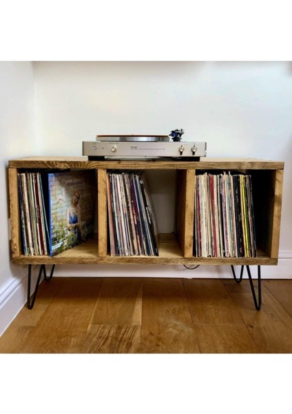 Ahşap Plak Çalar Standı, Endüstriyel Tasarım, 37X90CM, Dayanıklı ve Şık Masa ve Kitaplık fiyatları