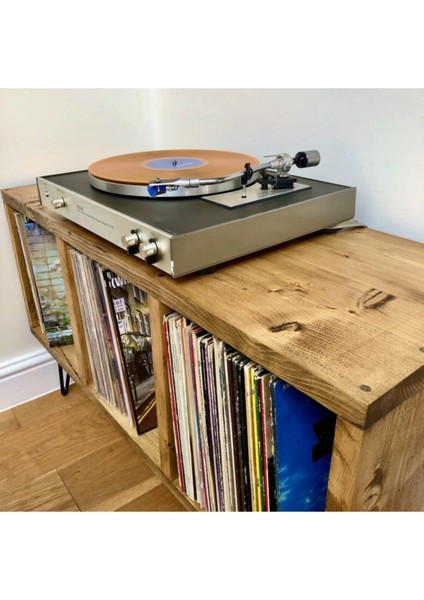 Ahşap Plak Çalar Standı, Endüstriyel Tasarım, 37X90CM, Dayanıklı ve Şık Masa ve Kitaplık modelleri