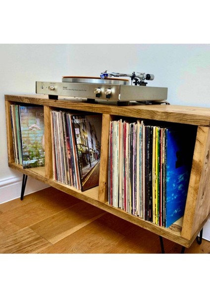 Ahşap Plak Çalar Standı, Endüstriyel Tasarım, 37X90CM, Dayanıklı ve Şık Masa ve Kitaplık fırsatları