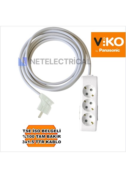 Multi-Let | Üçlü 5 Metre Topraklı Yan Fişli Çocuk Korumalı Grup Priz - 3'lü, 5 M, 3x1.5 Ttr (Tam Bakır) Kablolu