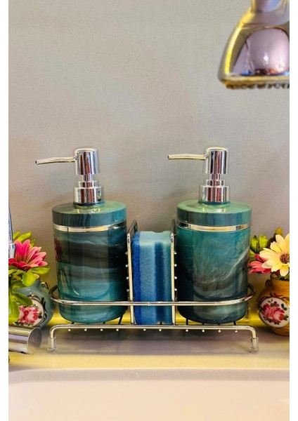 Stantlı 2'li Sıvı Sabunluk Seti Süngerlikli - Gümüş Renk Detaylı