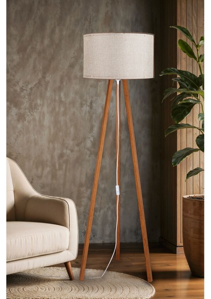 Şık Bej Tripod Lambader Abajur, Kumaş ve Ahşap Üç Ayak Tasarımı