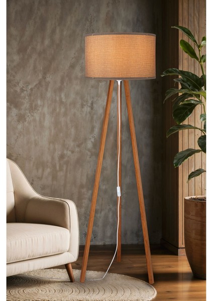 Şık Bej Tripod Lambader Abajur, Kumaş ve Ahşap Üç Ayak Tasarımı fiyatları
