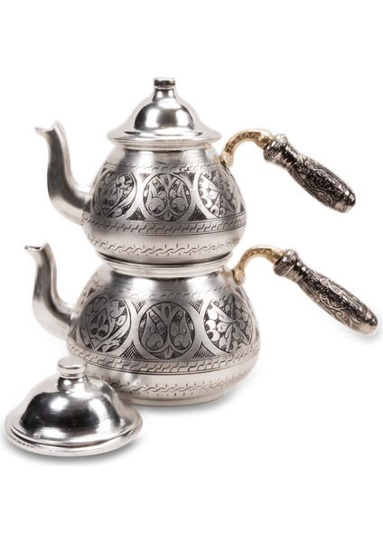 Gri El Işlemeli Bakır Çaydanlık, Yuvarlak Tasarım, Şık ve Dayanıklı Metal Ürün