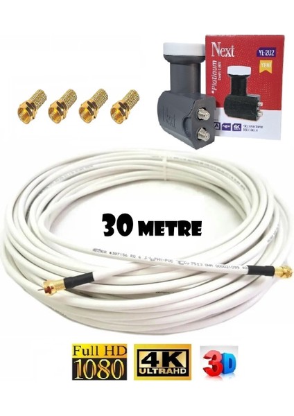 Twin Ikili 2 Li Platinum Quad Next Lnb (YE-202) + 30 Metre Hazır Anten Kablosu + 4 Gold-Sarı F Konnektör Dahil