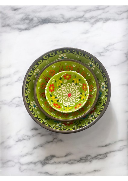 Dekoratif 3 Adet Yeşil Lale Çini Tasarımlı Tamamen El Yapımı Çerezlik-Sosluk-Kahvaltılık