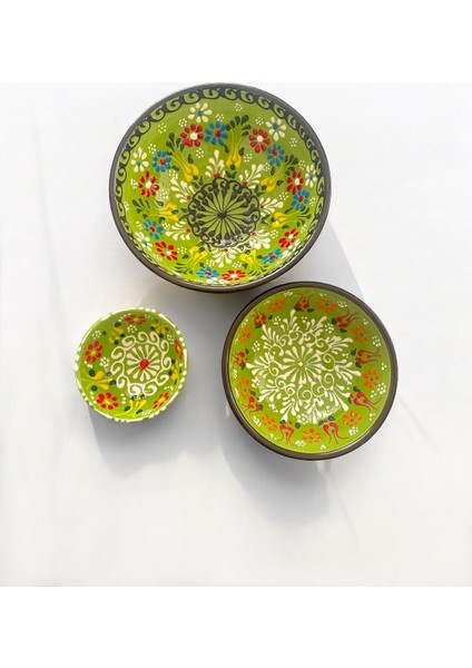 Dekoratif 3 Adet Yeşil Lale Çini Tasarımlı Tamamen El Yapımı Çerezlik-Sosluk-Kahvaltılık fiyatları