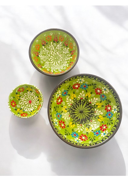 Dekoratif 3 Adet Yeşil Lale Çini Tasarımlı Tamamen El Yapımı Çerezlik-Sosluk-Kahvaltılık modelleri