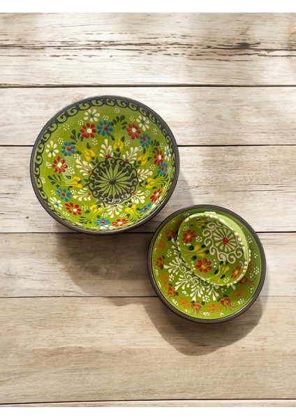 Dekoratif 3 Adet Yeşil Lale Çini Tasarımlı Tamamen El Yapımı Çerezlik-Sosluk-Kahvaltılık fırsatları