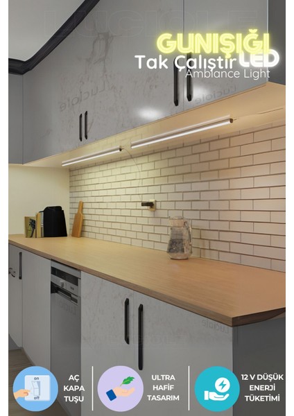 Mutfak Tezgah Altı LED Işık Barı, Aç-Kapa, Yapışkanlı, Günışığı, 1 Metre