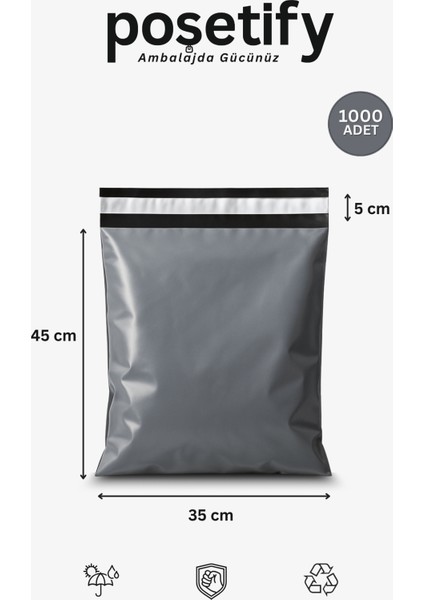 Gri Cepsiz Kargo Poşeti 35X45+5 cm | Yapışkan Bantlı Kargo Zarfı | 1000’LI E-Ticaret Poşeti