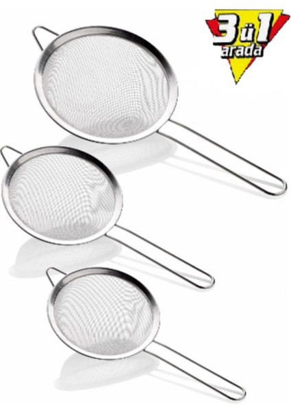3'lü Paslanmaz Çelik Süzgeç Seti, Farklı Boyutlar (12CM, 14CM, 16CM)