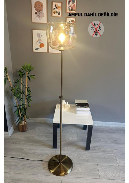 Bal Rengi Cam Lambader, Düz Ince Gövde, Modern Dekoratif Metal Zemin Lambası