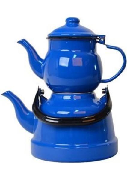 Büyük Boy Emaye Çaydanlık Takımı 1,5 Lt + 3,3 Lt, Mavi, Nostaljik Tasarım