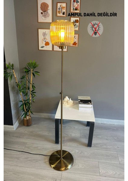Bal Rengi Cam Lambader, Düz Ince Gövde, Dekoratif Metal, Oturma Odası Zemin Lambası