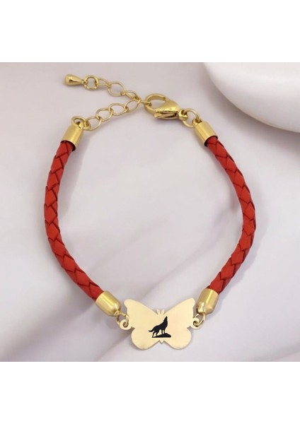 Bozkurt Temalı Kelebek Motifli 14 Ayar Altın Plakalı Turuncu Derili Hediye Bileklik-502 Sembol fiyatları