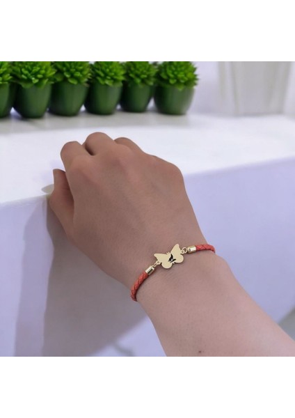 Bozkurt Temalı Kelebek Motifli 14 Ayar Altın Plakalı Turuncu Derili Hediye Bileklik-502 Sembol fırsatları