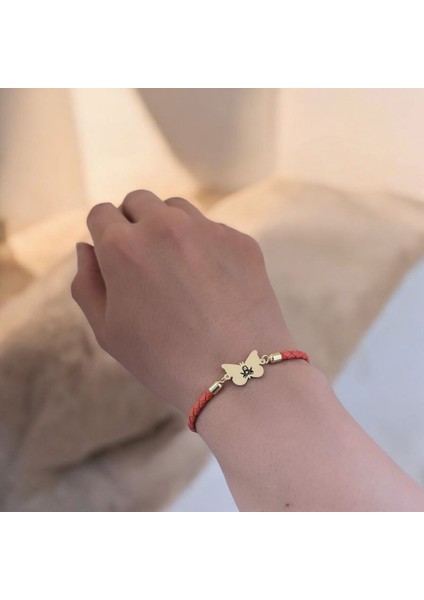 Hz Ali Temalı Kelebek Motifli 14 Ayar Altın Plakalı Turuncu Derili Hediye Bileklik-502 Sembol fırsatları