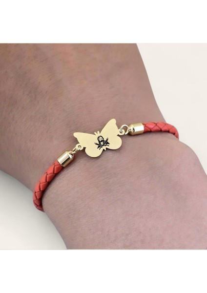 Hz Ali Temalı Kelebek Motifli 14 Ayar Altın Plakalı Turuncu Derili Hediye Bileklik-502 Sembol indirimleri