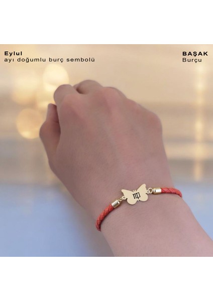 Eylül Ayı Doğumlarına Turuncu Derili Kelebek Motifli 14 Ayar Altın Plakalı Hediye Bileklik-502 Ay