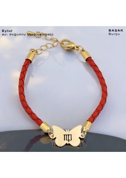 Eylül Ayı Doğumlarına Turuncu Derili Kelebek Motifli 14 Ayar Altın Plakalı Hediye Bileklik-502 Ay fiyatları