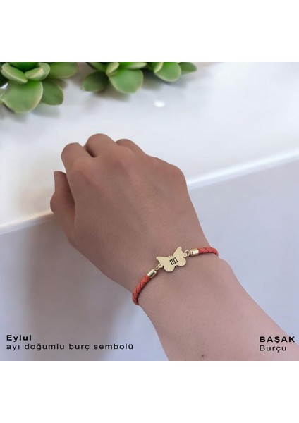 Eylül Ayı Doğumlarına Turuncu Derili Kelebek Motifli 14 Ayar Altın Plakalı Hediye Bileklik-502 Ay fırsatları