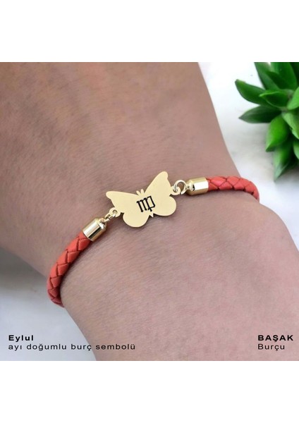 Eylül Ayı Doğumlarına Turuncu Derili Kelebek Motifli 14 Ayar Altın Plakalı Hediye Bileklik-502 Ay indirimleri