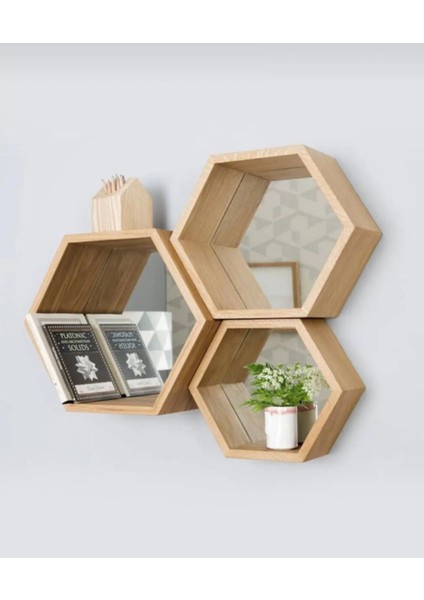 Ahşap Doğal Ham Altıgen Dekoratif Duvar Rafı 3'lü Set