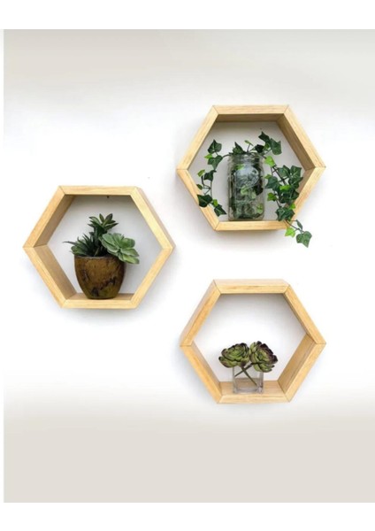 Ahşap Doğal Ham Altıgen Dekoratif Duvar Rafı 3'lü Set fiyatları
