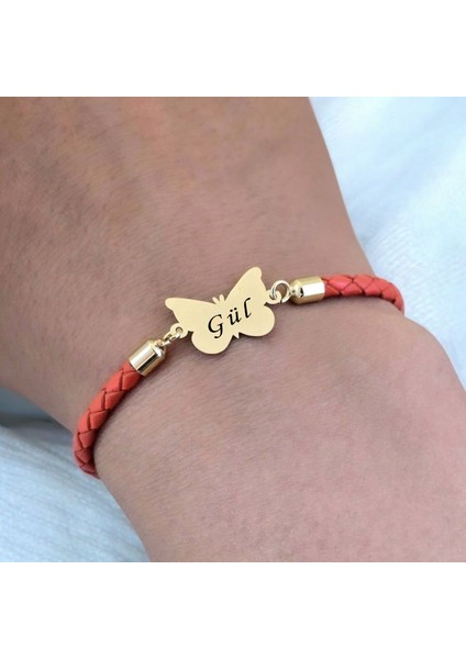 Gül İsmine Özel 14 Ayar Altın Plakalı Turuncu Derili Kelebek Motifli Hediye Bileklik-502 İsim indirimleri