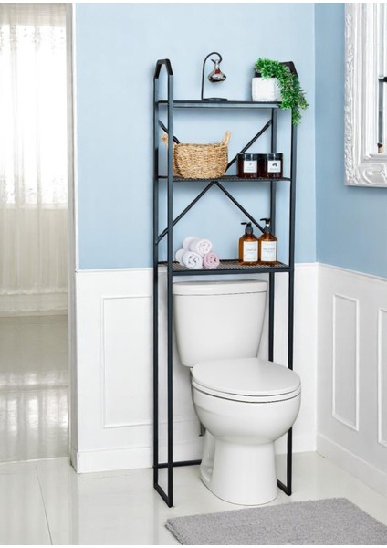 Metal Ayaklı 3 Raflı Banyo Rafı Klozet Üstü Dekoratif Raf Askılık Organizer